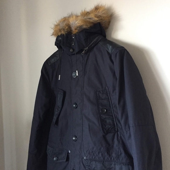 ZARA navy blue parka mens fur pockets vintage look coat jacket bomber - Picture 7 of 7